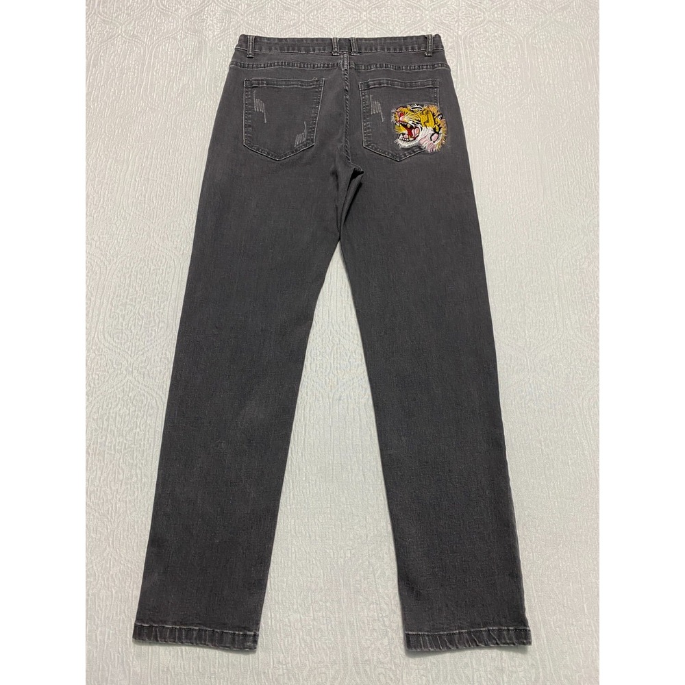 Romwe Jeans Distressed Tiger Embroidered Mens Size 30 Gray Skinny Whiskers